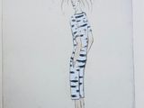 drawing of a woman in a striped dress with her hair in a ponytail