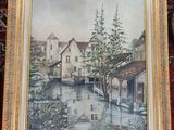 painting of a river scene with houses and a bridge in the background