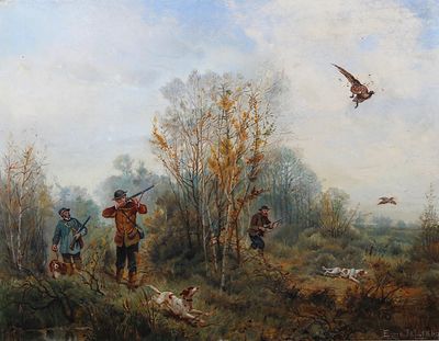 a painting of a group of men hunting with a bird in the air