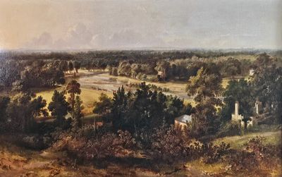 peinture représentant un paysage champêtre avec une maison et des arbres