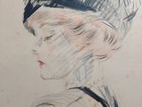 drawing of a woman wearing a hat and a striped dress