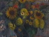 a painting of a vase of sunflowers on a table