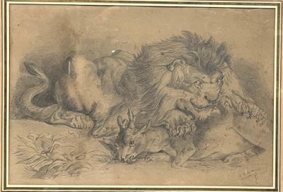 un vieux dessin représentant un lion allongé par terre à côté d'un animal mort