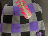 purple and grey beanie with a heart tag on it