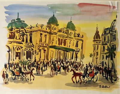 a painting of a horse drawn carriage in front of a large building