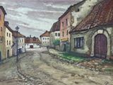a painting of a man walking down a street with an umbrella
