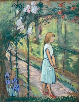 Pierre BRES (XXème) Jeune fille à la tonnelle, 1955