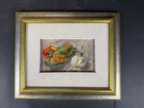 framed oil painting of a still life of vegetables on a table