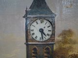 a painting of a clock tower in the middle of a painting