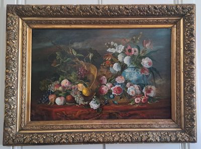 peinture d'une nature morte de fleurs et de fruits sur une table