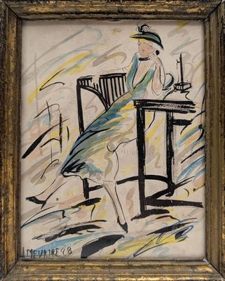 tableau représentant une femme assise à une table avec un verre de vin