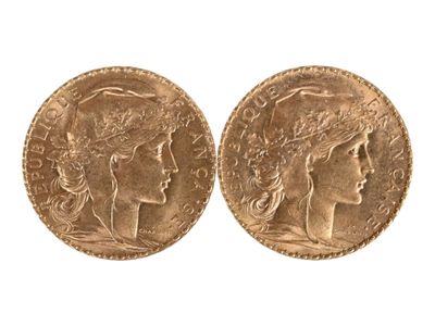 Deux pièces de vingt francs or au coq, 1911. Usures. - Photo 1