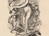 dessin représentant une femme avec un cheval et un homme en arrière-plan