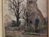 un tableau représentant une église avec un clocher