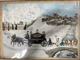 un tableau représentant une calèche tirée par des chevaux sur une route enneigée