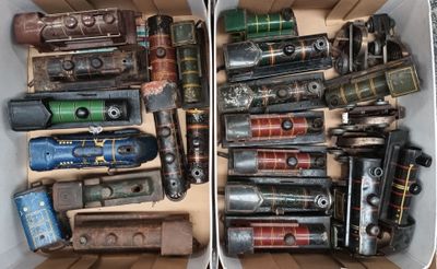two boxes full of different types of toy trains