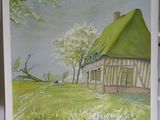 tableau représentant une maison dans un champ, avec un toit végétalisé