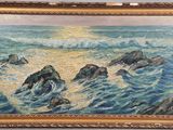 une image représentant un tableau de rochers dans l'océan avec le soleil couchant