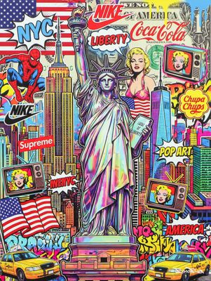 a painting of a statue of liberty surrounded by a lot of stickers