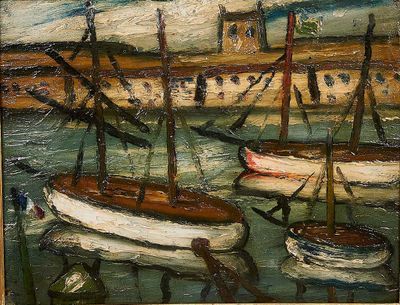un tableau représentant des bateaux dans un port, avec un bâtiment en arrière-plan