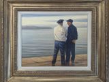 painting of two men standing next to each other by the water