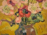 a painting of flowers in a vase on a table