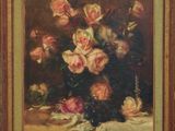 painting of roses in a vase on a table cloth