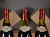 three bottles of wine sitting on a shelf in a wine cellar