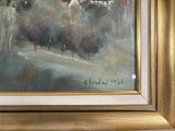 a painting of a house on a hill with trees in the foreground