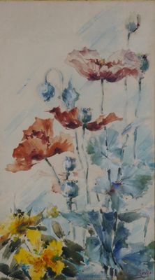 une image d'une peinture de fleurs dans un vase sur une table