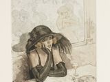 drawing of a woman sitting at a table with a glass of wine