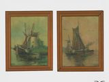 deux tableaux représentant des bateaux dans un port, avec un phare en arrière-plan