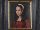 un tableau représentant une femme en robe rouge avec un bandeau blanc