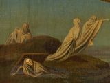 painting of a group of people sitting on top of a hill next to a body of water
