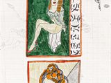 drawing of a woman sitting on top of a toilet next to a picture of a man