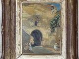 an oil painting of a man and a dog in front of a stone wall