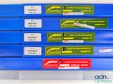 a stack of blue boxes with different labels on them