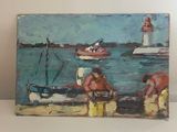 un tableau représentant des personnes sur la plage avec des bateaux dans l'eau