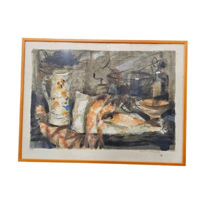 framed watercolor painting of a still life of a fish market