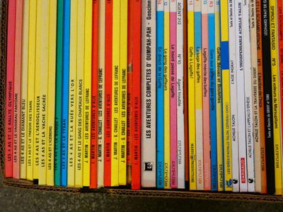 une boîte remplie de livres pour enfants posée par terre