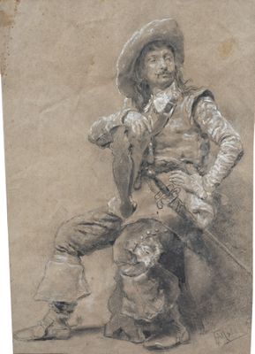 un vieux dessin représentant un homme avec un chien, assis sur une chaise