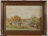 an oil painting of a farm scene with a house in the distance