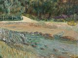 an oil painting of a stream running through a field next to a forest