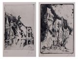 deux dessins en noir et blanc représentant un homme et une femme devant un immeuble