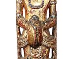 wooden statue of a buddha holding a child on a white background