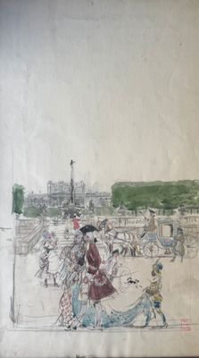 drawing of a horse drawn carriage with people on it in front of a building