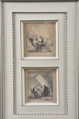 deux dessins encadrés représentant un homme et une femme assis à une table