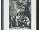 a black and white drawing of a group of people in a wooded area