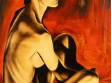une peinture à l'huile représentant une femme assise sur un lit, une fleur à la main