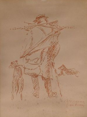 un vieux dessin représentant un homme avec un chien et un chapeau